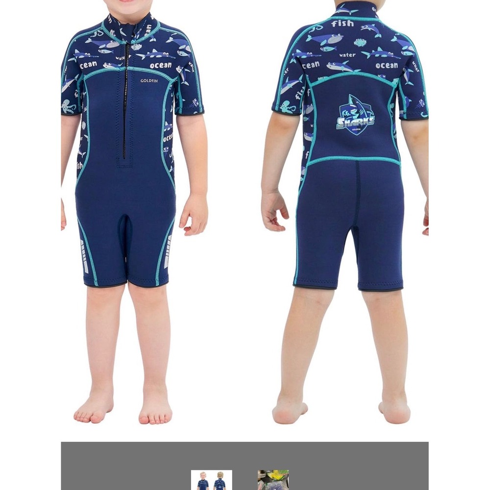 Goldfin Shorty Wetsuit Kids Size 4 Blue Excellent Sea Life Shark Print Zip Front